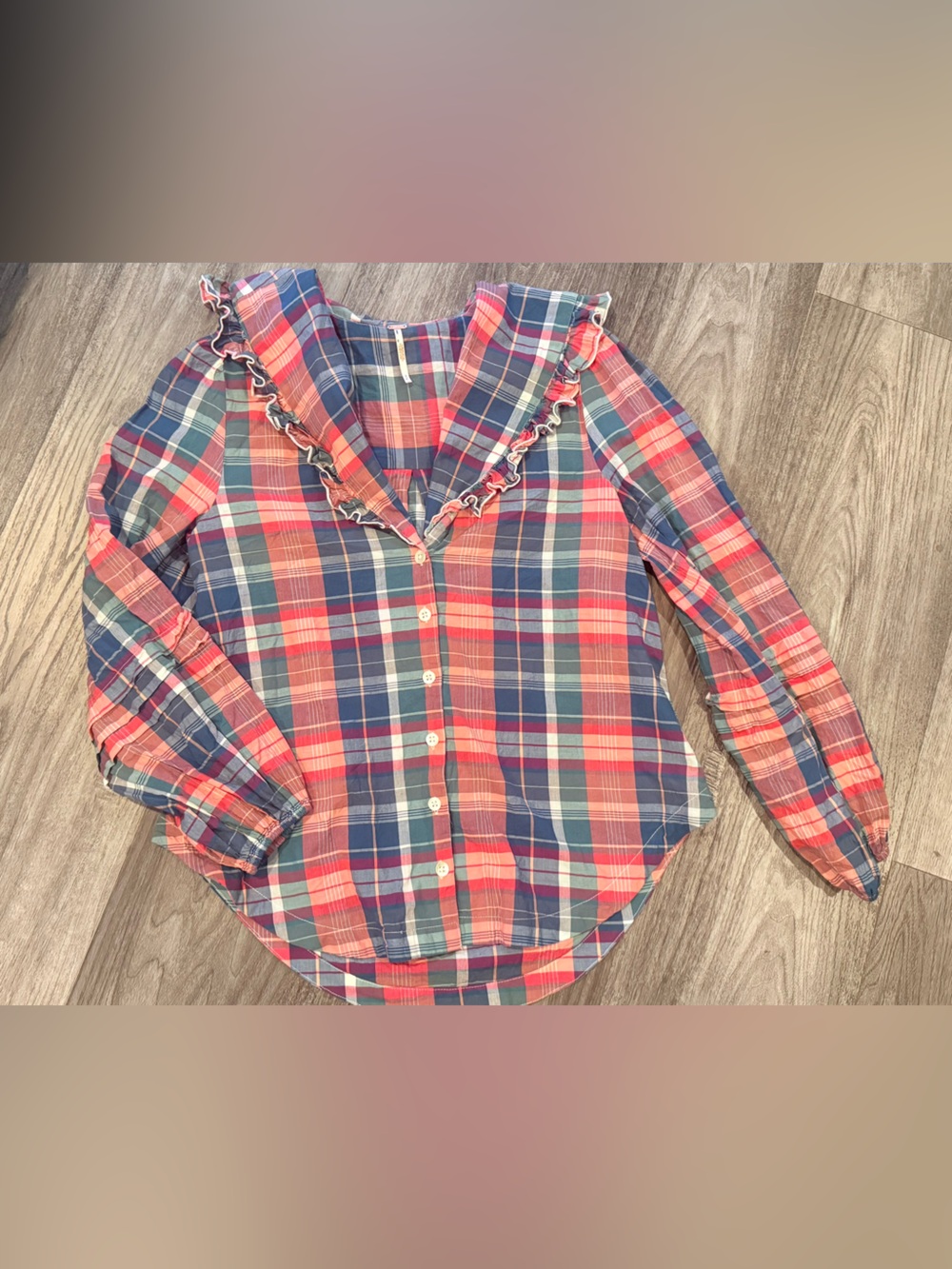 Free People Molly Ruffle Western Top 100% Cotton Plaid Print Size S/P